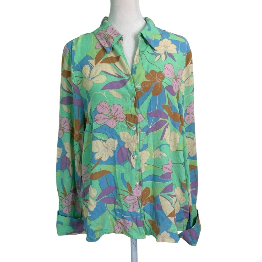 Sanctuary Easy Cuff Blouse Freshly Minted Green Floral Long Sleeve (Size L)